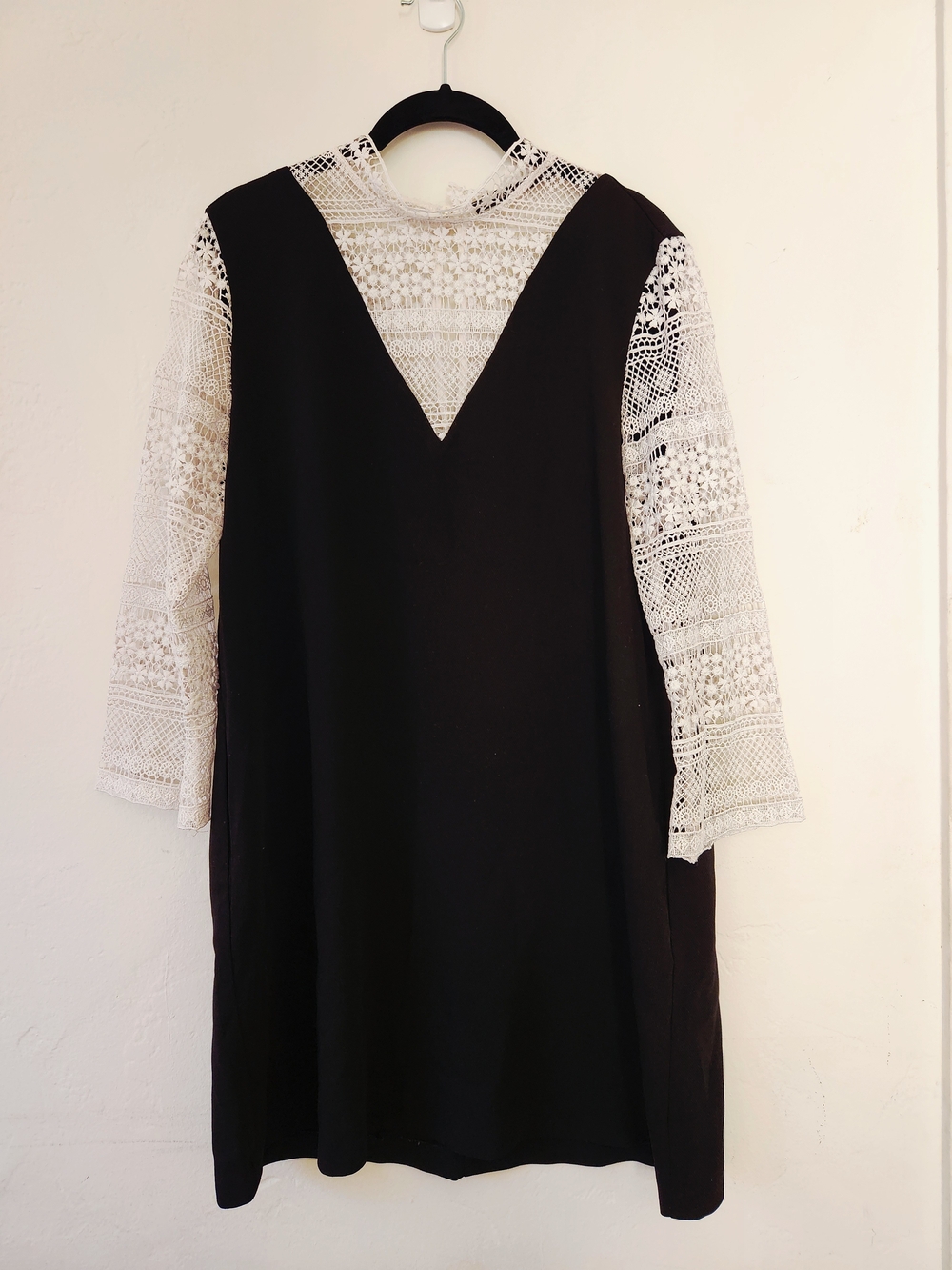 Zara Black Dress with White Lace Sleeves and Yoke